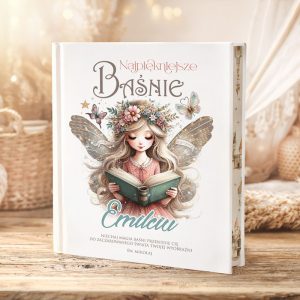 Ilustrowana okładka książki "Najpiękniejsze Baśnie" z dziewczynką z wiosennymi skrzydłami trzymającą otwartą książkę.