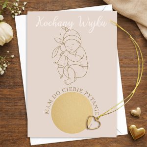 Kartka z rysunkiem dziecka siedzącego z maskotką, z napisem "Kochany Wujku" u góry i "Mam do Ciebie pytanie" na dole.