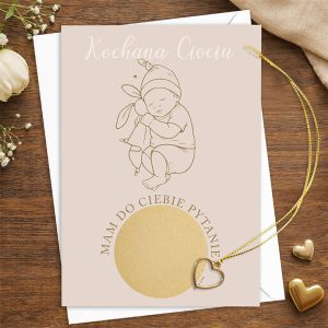 Kartka z rysunkiem dziecka w czapce, trzymającego dzwonek, z napisem "Kochana Ciociu" i złotym kółkiem.