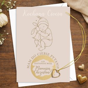 Kartka z rysunkiem dziecka trzymającego dzwoneczek; napis "Kochana Ciociu" i pytanie o chrzest, na neutralnym tle.