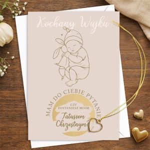 Kartka z napisem "Kochany Wujku", przedstawiająca dziecko z chustką na głowie, trzymające zabawkę i pytającego o chrzest.