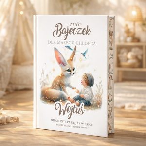 Ilustracja przedstawiająca książkę dla dzieci "Zbiór Bajeczek dla Małego Chłopca" z tytułem i imieniem Wojtuś na okładce, na której widoczny jest także rysunek dużego lisa z dużymi uszami oraz małego chłopca siedzącego na podłodze, w przytulnym otoczeniu.