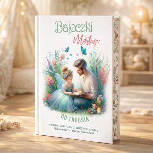 Okładka książki pt. 'Bajeczki Martusi' przedstawiająca ojca czytającego dziecku w towarzystwie wróżki, otoczonego zielenią i kwiatami, z napisem 'OD TATUSIA' oraz dodatkowym tekstem zachęcającym do odkrywania magii bajek.