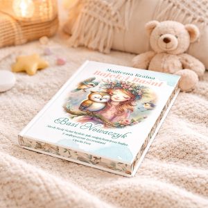 Książka zatytułowana 'Magiczna kraina Bajek i Baśni' leży na jasnym, miękkim kocyku, obok pluszowego misia. Okładka książki przedstawia ilustrację dziewczynki z kwiatami we włosach oraz sowami.