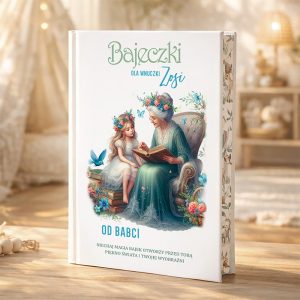 Okładka książki z tytułem 'Bajeczki dla wnuczki Zosi'. Z przodu widać ilustrację babci w zielonym stroju, która czyta opowieść małej dziewczynce w białej sukience, obie z kwiatowymi wiankami na głowach, otoczone motylami i roślinami. W tle znajduje się przytulne wnętrze.