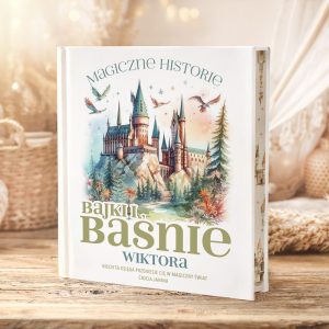 Książka z tytułem "Bajki, Baśnie Wiktora", ilustrowana zamkiem w pastelowych kolorach, otoczona przez leśne krajobrazy i ptaki.