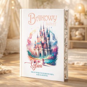 Książka z tytułem 'Baśniowy świat Sylwii' z ilustracją zamku otoczonego kolorowymi chmurami. Na okładce znajduje się także napis 'Niech twoje życie będzie bajką, babcia Bożenka'. Tło jest jasne i przytulne, z elementami dewocjonalnymi.