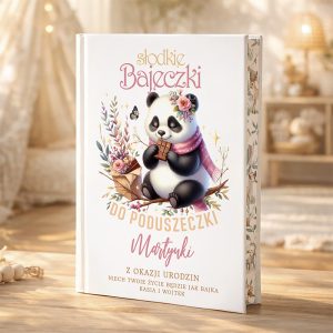 Książka dla dzieci z ilustracją pandy trzymającej czekoladę, z napisem 'Słodkie Bajeczki do Poduszeczki Martynki', otoczona kwiatami i dekoracjami; tło w ciepłym, przytulnym wnętrzu.