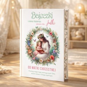Okładka książki 'Bajeczki i inne historie spisane dla Julki', przedstawiająca matkę czytającą baśń dziewczynce, otoczoną kolorowym wieńcem z kwiatów, motyli i grzybów. Na dole widnieje dedykacja 'OD MATKI CHRZESTNEJ'.