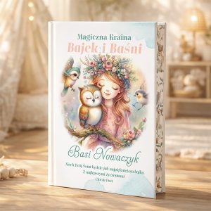 Okładka książki "Magiczna Kraina Bajek i Baśni" z ilustracją przedstawiającą dziewczynkę z długimi włosami w wianku z kwiatów, trzymającą sowę, obok niej znajdują się małe ptaki. Pod tytułem znajduje się dedykacja dla Basi Nowaczyk.