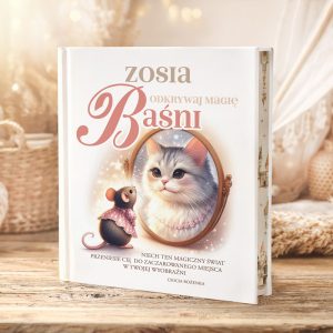 Książka "Zosia Odkrywaj Magię Baśni" z ilustracją kota i myszki na okładce, osadzona w bajkowym tle.