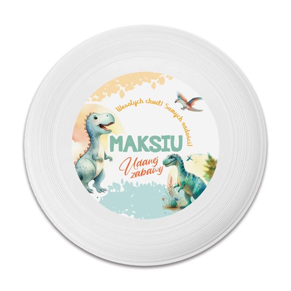 Białe frisbee z imieniem w dinozaury.