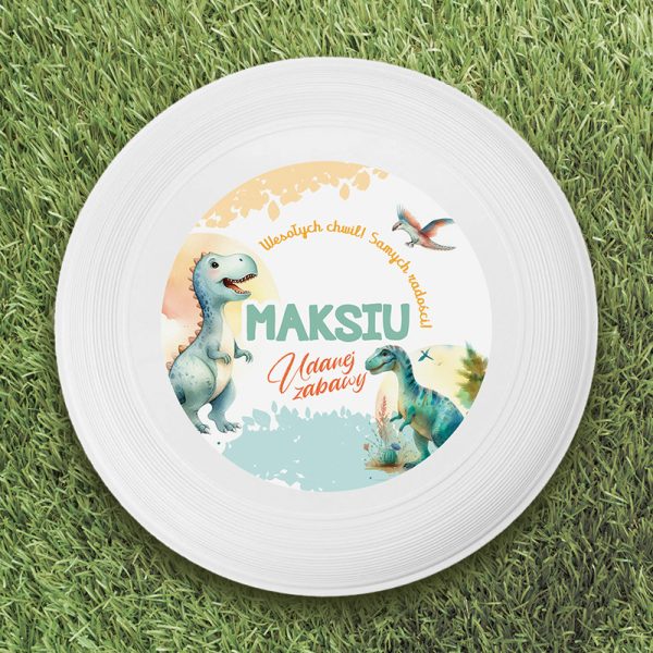 Personalizowane frisbee do zabawy z dinozaurem.