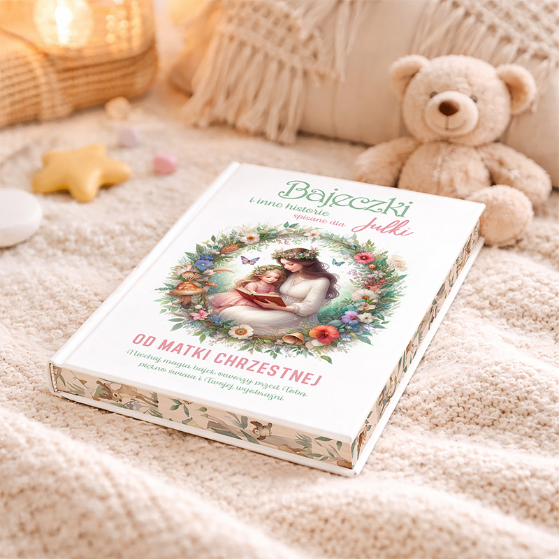 Książka z tytułem 'Bajeczki i inne historie spisane dla Julki', leżąca na miękkim tle z kocem i pluszowym misiem w tle; okładka zdobiona ilustracją matki z córką w otoczeniu kwiatów i motyli.