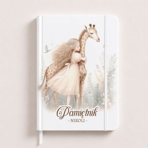 Notes with a girl in a light dress embracing a giraffe, surrounded by soft floral elements, titled "Pamiątnik - Nikoli".