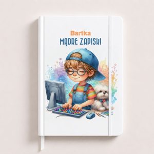 Notebook with a cartoon boy at a computer, wearing glasses and a cap, accompanied by a small dog; features the title "Mądre Zapiski" at the top.