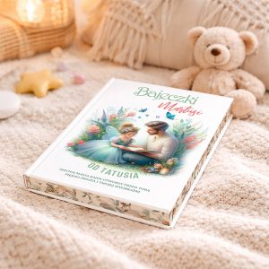 Książka 'Bajeczki Matusi' leżąca na jasnym kocyku, ilustrowana obrazkiem wróżki i ojca czytającego dziecku w otoczeniu kwiatów i motyli, z widocznym napisem 'OD TATUSIA' na okładce; obok pluszowy miś i kolorowe zabawki.