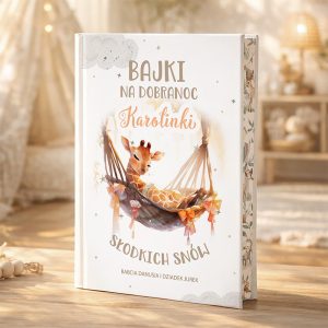 Okładka książki zatytułowanej 'Bajki na dobranoc Karolinki' przedstawiająca małą żyrafę odpoczywającą w hamaku, z dekoracyjnymi akcentami roślinnymi i pastelowymi kolorami w tle. W górnej części umieszczono tytuł oraz imię Karolinki, a na dole napis 'Słodkich snów' wraz z nazwiskami Babci Danusi i Dziadka Jurka.