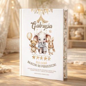 Okładka książki z imieniem 'Gabrysia', przedstawiająca uroczego słonia, misia i króliczka w otoczeniu balonu, zawieszek i gwiazdek, z tłem w pastelowych kolorach. Napisy informują, że jest to zbiór bajek do poduszki.