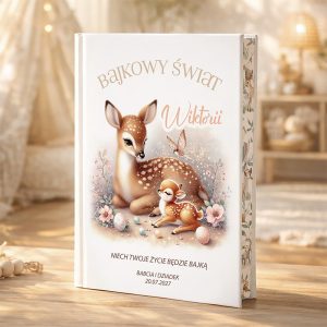 Ilustracja okładki książki dla dziecka, przedstawiająca jelenia i jego młodego, otoczonego kwiatami i jajkami, z napisem 'Bajkowy Świat Wiktorii' oraz dedykacją od babci i dziadka z datą 20.07.2027.