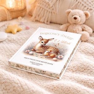 Książka zatytułowana "Bajkowy świat Wiktorii" leży na miękkim kocu obok pluszowego misia, z ilustracją sarenki i jej młodej na okładce oraz pastelowymi dodatkami.