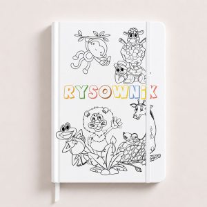 Notatnik z kolorowymi zwierzętami w stylu kreskówkowym na okładce, z napisem "RYSOWNIK" w kolorach tęczy.