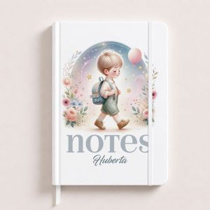 Notes notebook featuring a boy with a backpack walking amidst pastel flowers and balloons, titled "Huberta."