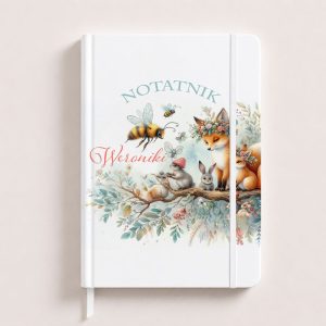 Notes on a white notebook cover featuring a fox, a bee, and rabbits among flowers, with the text "NOTATNIK" and "Weroniki".
