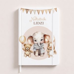 Notatnik z ilustracjami misia, króliczka i małego słonia, z napisem "Notatnik Lidzi" na okładce.