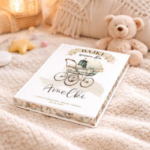 Książka leży na beżowym kocu, z tytułem "BAJKI spisane dla Amelki", przedstawiająca dziecięcy wózek. Obok znajduje się pluszowy niedźwiadek oraz dekoracyjne elementy w tle.