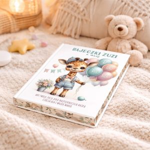 bajki-z-imieniem-dziecka-prezent-na-urodziny Ilustrowana książka zatytułowana "Bajeczki Zuzi z okazji 2 urodzin", przedstawiająca uśmiechniętą żyrafę w niebieskich ogrodniczkach, trzymającą balony, na tle jasnego koca i pluszowego misia. W tle można dostrzec kolorowe dekoracje urodzinowe.