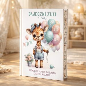Okładka książki dla dzieci przedstawiająca uroczą żyrafkę z balonami, ubrana w niebieskie szorty i koszulę, z napisem 'Bajeczki Zuzi z okazji 2 urodzin', w pastelowych kolorach, na tle przytulnego wnętrza.