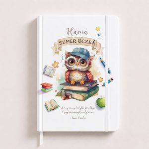 Notes with a cartoon owl wearing glasses and a cap, sitting on books with school supplies like pencils and an apple, featuring motivational text.
