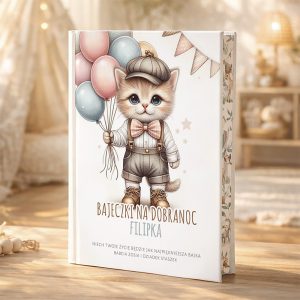 Okładka książki przedstawiająca urocze, ubrana jak człowiek kotka trzymającego balony, z napisem 'Bajeczki na dobranoc Filipka'. W tle jasne, przytulne wnętrze z delikatnymi elementami dekoracyjnymi.