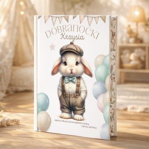 Okładka książki z tytułem 'Dobranocki Krzysia', przedstawiająca urocze królicze zwierzątko w eleganckim ubranku z muszką i kapeluszem, otoczone balonami w pastelowych kolorach, w przytulnym wnętrzu.
