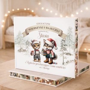 Ilustrowana książka dla dzieci z tytułem "Wierszyki i Bajeczki", prezentująca pluszowe zwierzęta w świątecznym stylu.