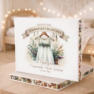 Ilustrowana książka "Wierszyki i bajeczki", z ozdobną sukienką, kwiatami i napisem z imieniem, w przytulnym wnętrzu.