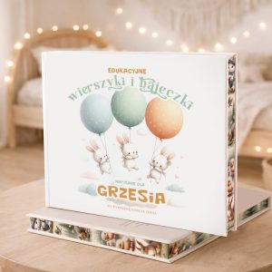 Ilustrowana okładka książki z tytułem "Edukacyjne wierszyki i bajeczki", przedstawiająca króliki unoszące się na balonach.