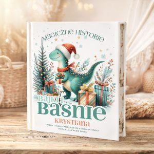 Ilustrowana książka z dinozaurem w czapce mikołajowej, otoczona prezentami, z napisem "Bajki i Baśnie Krystiana".