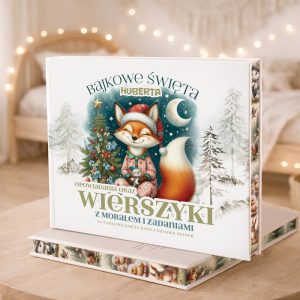 Książka "Bajkowe Święta" z ilustracją lisa w sweterku, otoczona świątecznymi elementami i drzewami, na jasnym tle.