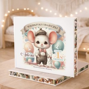Książka z uroczą myszką w eleganckim stroju, dekorowana balonami, z napisem "Wierszyki i bajeczki - z okazji 1. urodzin".