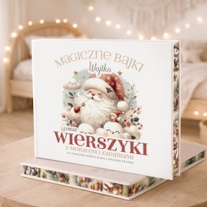 Ilustrowana książka z tytułem "Magiczne Bajki oraz Wierszyki z Moralem i Zadaniami", ozdobiona wizerunkiem uśmiechniętego Świętego Mikołaja.