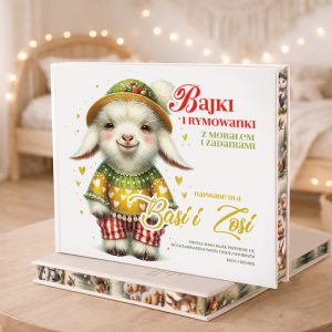 Książka z kolorową okładką ilustrującą uroczego, uśmiechniętego baranka w śmiesznym kapeluszu, z tytułem "Bajki i Rymowanki".