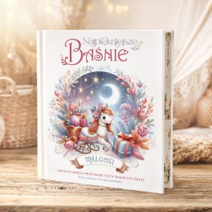 Książka z kolorową okładką przedstawiającą jednorożca w otoczeniu kwiatów, z napisem "Najpiękniejsze Baśnie Małgosi".