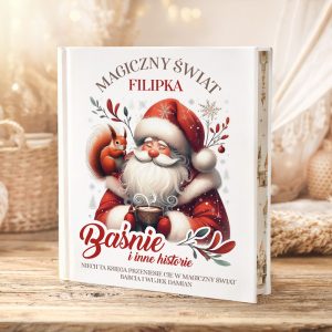 Ilustrowana książka z wizerunkiem Świętego Mikołaja, w otoczeniu zimowych ozdób i wiewiórki, zatytułowana "Magiczny świat Filipka".