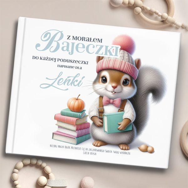 Personalizowana książka z bajkami z morałem, ozdobiona uroczą ilustracją wiewiórki trzymającej książkę.