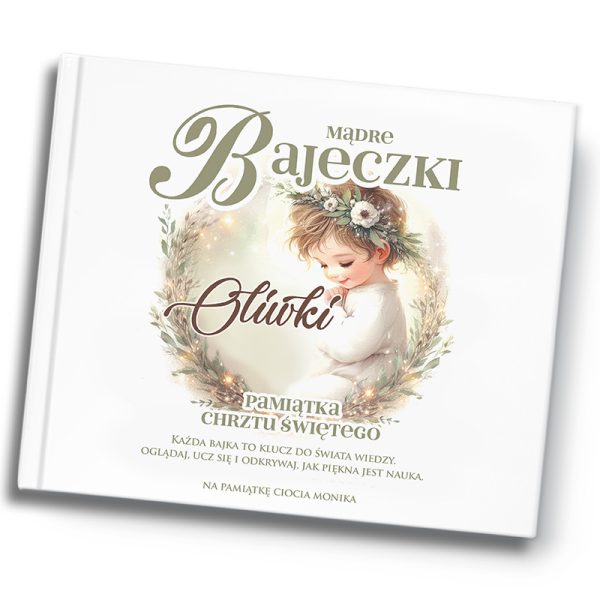 Elegancka książka „Mądre Bajeczki” dla dzieci, z personalizowaną okładką przedstawiającą dziecko w pastelowych barwach.