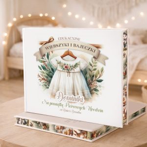 Ilustrowana książka z napisem "Edukacyjne Wierszyki i Bajeczki", przedstawiający białą sukienkę w otoczeniu roślin, dedykowana na pierwsze urodziny.