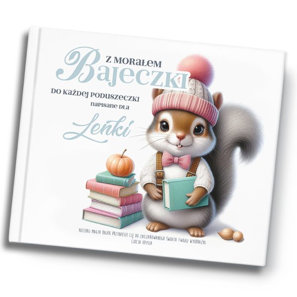 Personalizowana książka na prezent, z grafiką wiewiórki w pastelowych kolorach i dedykacją dla dziecka.