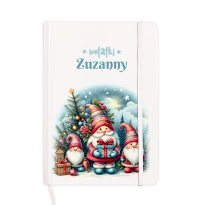 Personalizowany notes z napisem i ilustracją świątecznych gnomów.